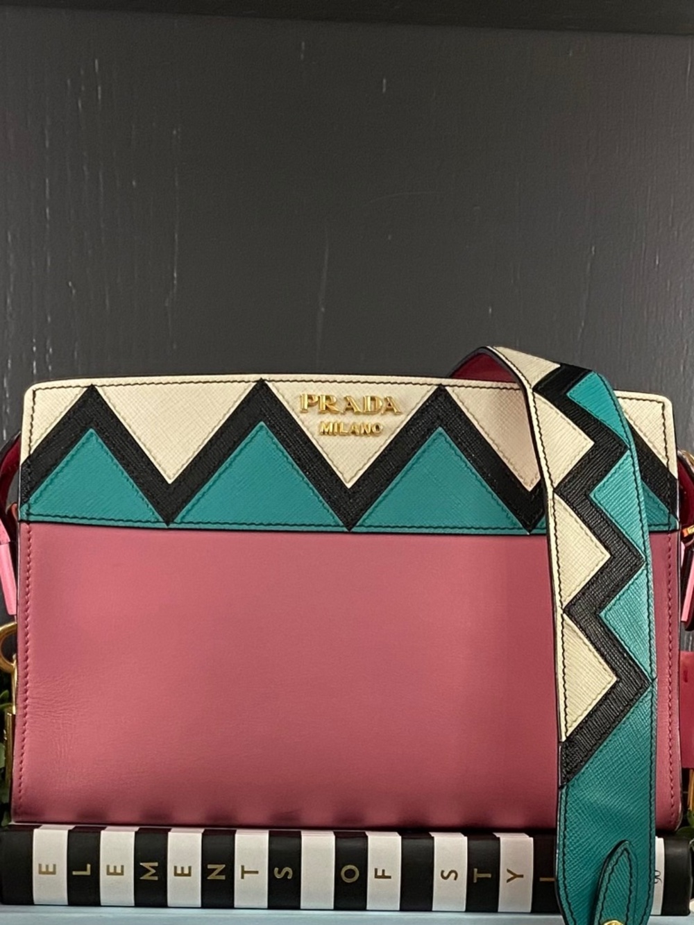 Prada Esplanade Crossbody Bag City Calf + Saffiano Leather Pink Teal Gold Auth.